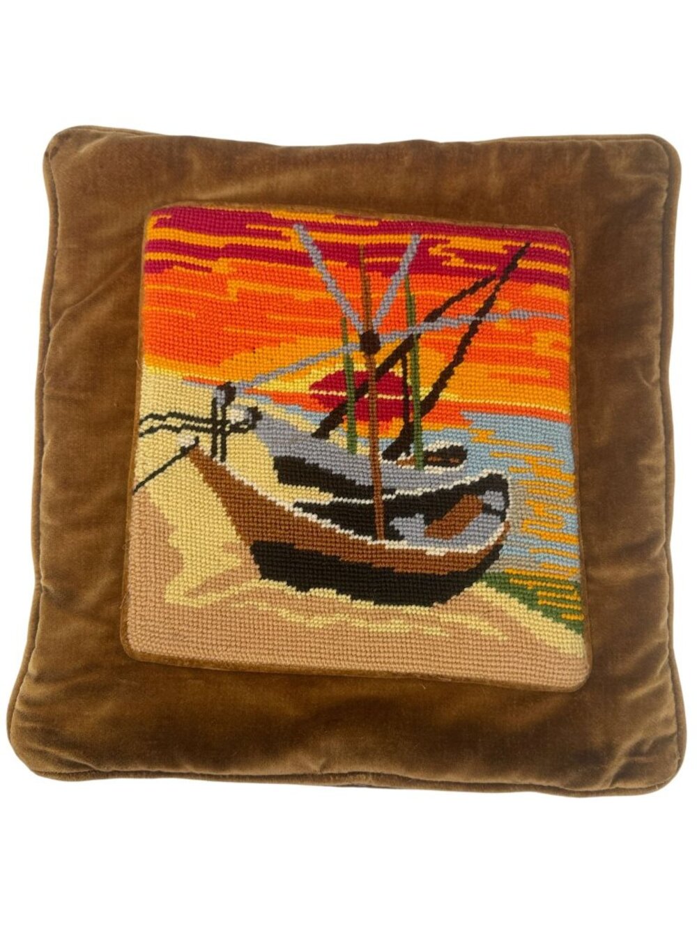 Vintage Needlepoint Pillow Cover Sunset Boats MCM Brown Velveteen Zippered 14.5"